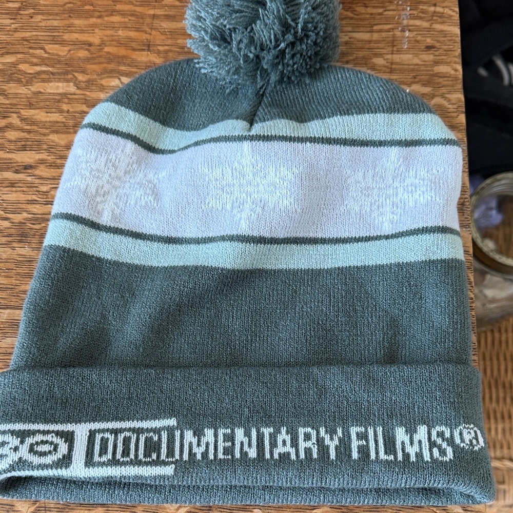 Green striped Beanie with Pom Pom- for any film lover